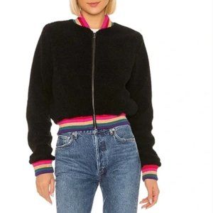 Spiritual Gangster Cropped Furry Bomber Zip Jacket Rainbow Trim Black Size M